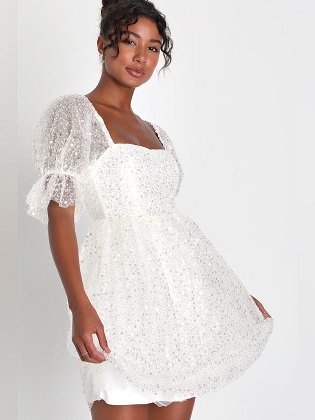 Lulus Magic Sparkle White Beaded Sequin Puff Sleeve Mini Dress Size Medium